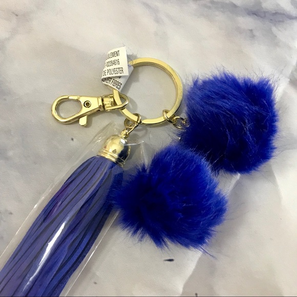 Royal Blue Tassel & Pom Poms Keychain - Picture 1 of 4